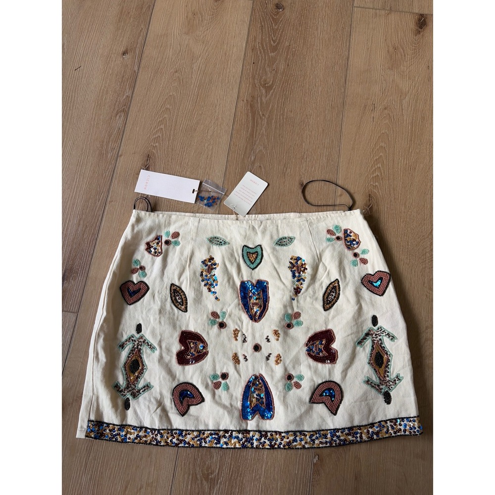 Ciebon Beaded Sequin Mini Skirt Cream Off-White Canvas Boho Festival Size‎ Large